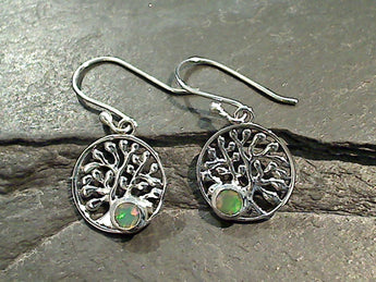Ethiopian Opal, Sterling Silver Tree of Life Earrings