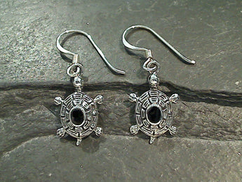 Black Onyx, Sterling Silver Small Sea Turtle Earrings