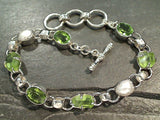 7.5" - 8.5" Peridot, Pearl, Sterling Silver Bracelet