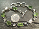 7.5" - 8.5" Peridot, Pearl, Sterling Silver Bracelet