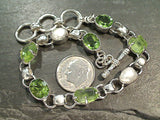 7.5" - 8.5" Peridot, Pearl, Sterling Silver Bracelet