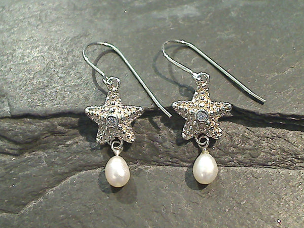 Pearl, CZ, Sterling Silver Starfish Earrings