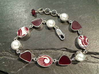7" - 7.75" Pearl, Red Pottery, Sea Glass, Sterling Silver Bracelet