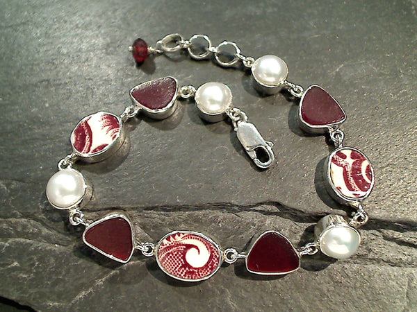 7" - 7.75" Pearl, Red Pottery, Sea Glass, Sterling Silver Bracelet
