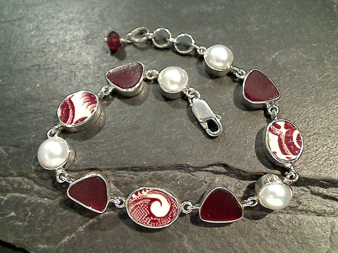 7" - 7.75" Pearl, Red Pottery, Sea Glass, Sterling Silver Bracelet