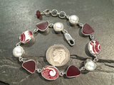 7" - 7.75" Pearl, Red Pottery, Sea Glass, Sterling Silver Bracelet