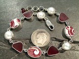 7" - 7.75" Pearl, Red Pottery, Sea Glass, Sterling Silver Bracelet