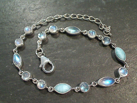 6.75" - 8.5" Moonstone, Larimar, Sterling Silver Bracelet