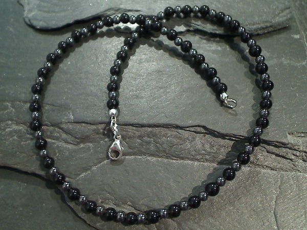 14" Onyx, Hematite, Sterling Silver Necklace