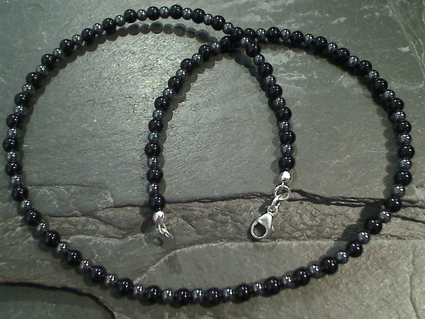 16" Onyx, Hematite, Sterling Silver Necklace