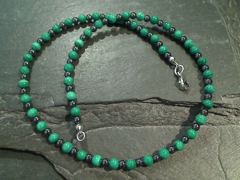 14.25" Malachite, Hematite, Sterling Silver Necklace