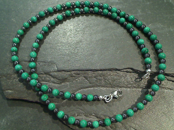 18.5" Malachite, Hematite, Sterling Silver Necklace