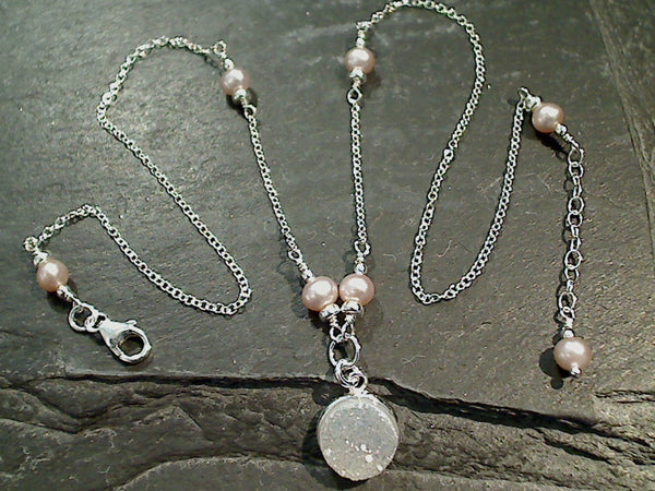 18" - 19" Druzy Quartz, Pearl, Sterling Silver Necklace