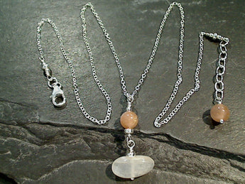 18" - 19" Peach And Rainbow Moonstone, Sterling Silver Necklace