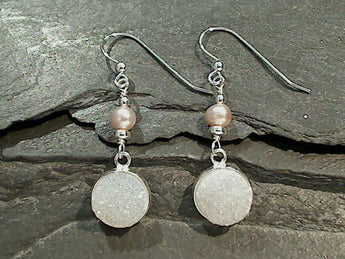 Druzy Quartz, Pearl, Sterling Silver Earrings