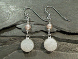 Druzy Quartz, Pearl, Sterling Silver Earrings