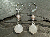 Druzy Quartz, Pearl, Sterling Silver Earrings