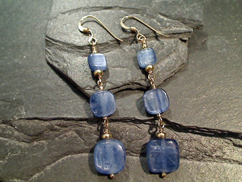Kyanite, Gold Filled Triple Square Long Earrings