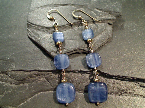 Kyanite, Gold Filled Triple Square Long Earrings