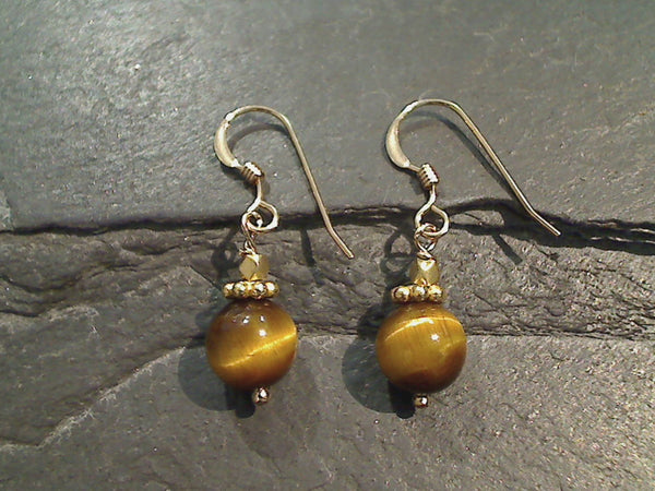 Tiger's Eye, Gold Filled, Gold Plated Earrings