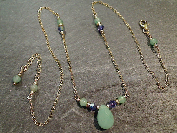 16.5" - 17.5" Aventurine, Purple Crystal, Gold Filled Necklace