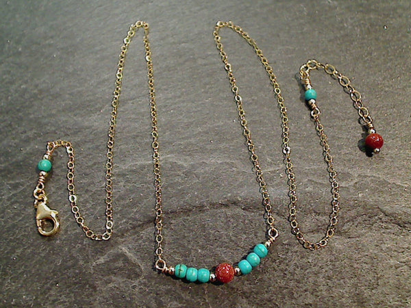 20" - 21" Turquoise, Goldstone, Gold Filled Necklace