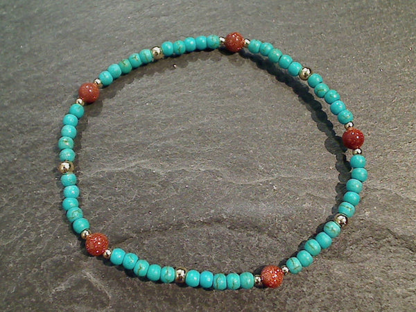 Turquoise, Goldstone, Gold Filled Stretch Bracelet - Medium