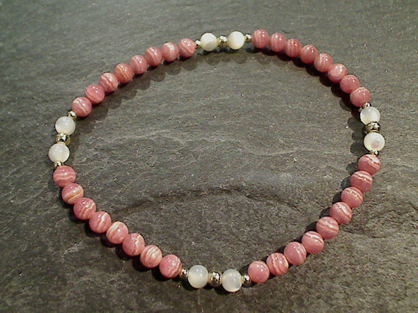 Mother of Pearl, Rhodochrosite, Gold Filled Stretch Bracelet - Medium