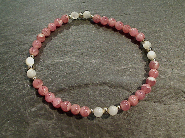 Mother of Pearl, Rhodochrosite, Gold Filled Stretch Bracelet - Small