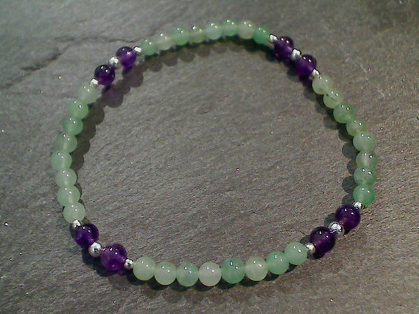 Amethyst, Aventurine, Sterling Silver Stretch Bracelet - Medium