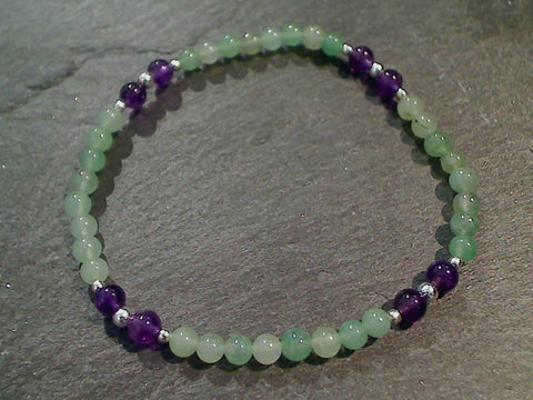 Amethyst, Aventurine, Sterling Silver Stretch Bracelet - Medium
