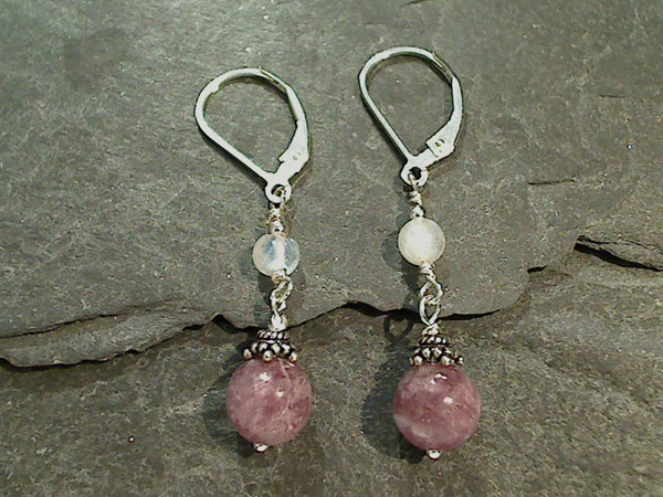 Lepidolite, Moonstone, Sterling Silver Earrings