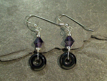 Onyx, Purple Crystal, Sterling Silver Earrings