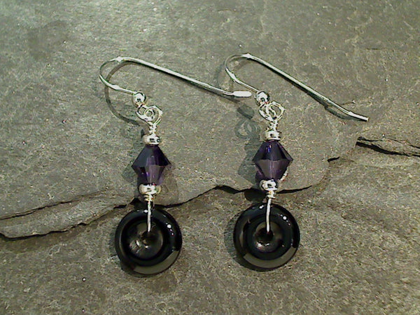 Onyx, Purple Crystal, Sterling Silver Earrings