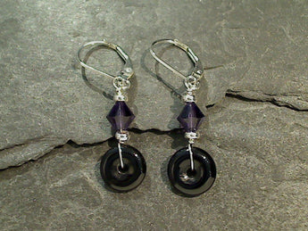 Onyx, Purple Crystal, Sterling Silver Earrings