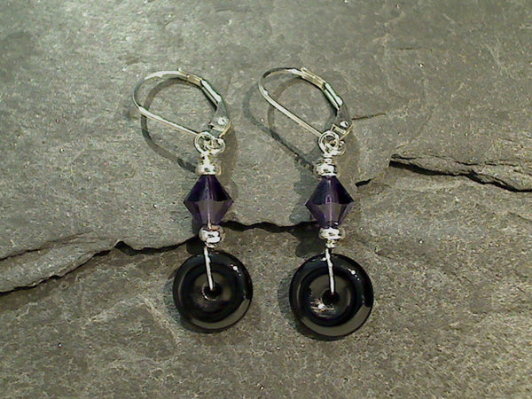 Onyx, Purple Crystal, Sterling Silver Earrings