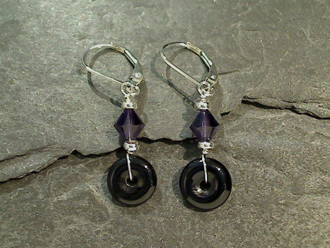 Onyx, Purple Crystal, Sterling Silver Earrings