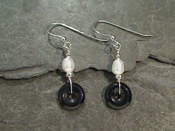 Onyx, Pearl, Sterling Silver Earrings