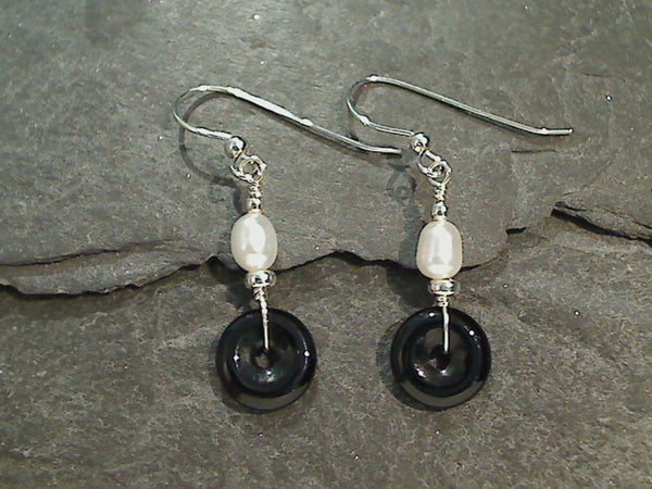 Onyx, Pearl, Sterling Silver Earrings
