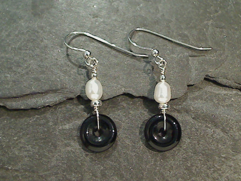 Onyx, Pearl, Sterling Silver Earrings