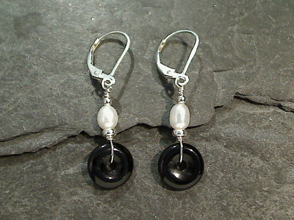 Onyx, Pearl, Sterling Silver Earrings