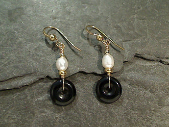 Onyx, Pearl, Gold Filled Earrings
