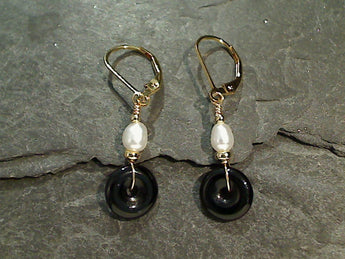 Onyx, Pearl, Gold Filled Earrings