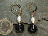 Onyx, Pearl, Gold Filled Earrings