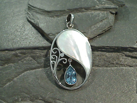 Blue Topaz, Mother of Pearl, Sterling Silver Pendant