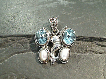 Blue Topaz, Pearl, Sterling Silver Fish Pendant