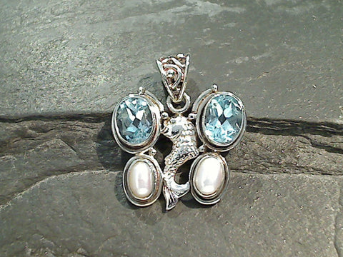 Blue Topaz, Pearl, Sterling Silver Fish Pendant
