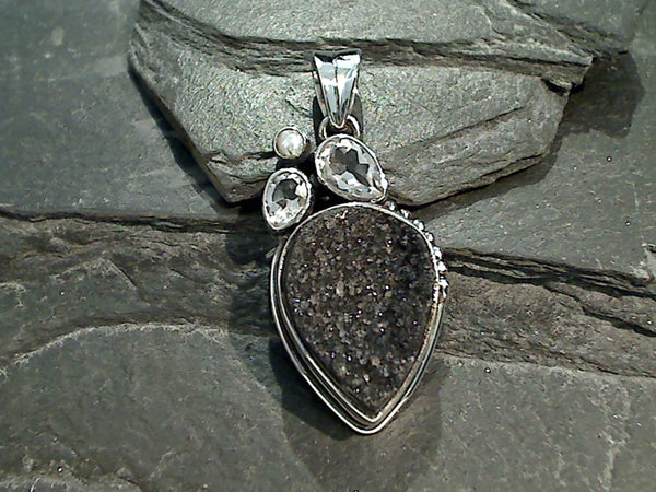 Druzy, Quartz, Quartz, Pearl, Sterling Silver Pendant