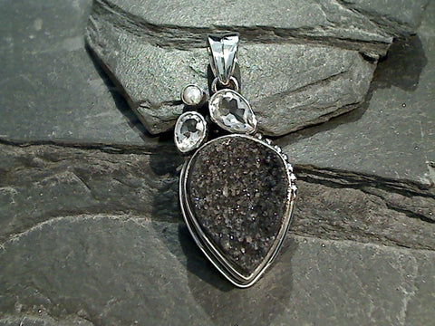 Druzy, Quartz, Quartz, Pearl, Sterling Silver Pendant