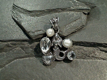 Quartz, Pearl, Sterling Silver Mermaid Pendant
